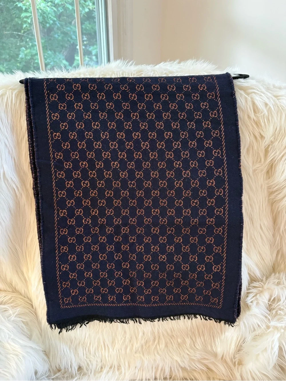 Gucci Navy & Brown Monogram Scarf - Designer Accessory